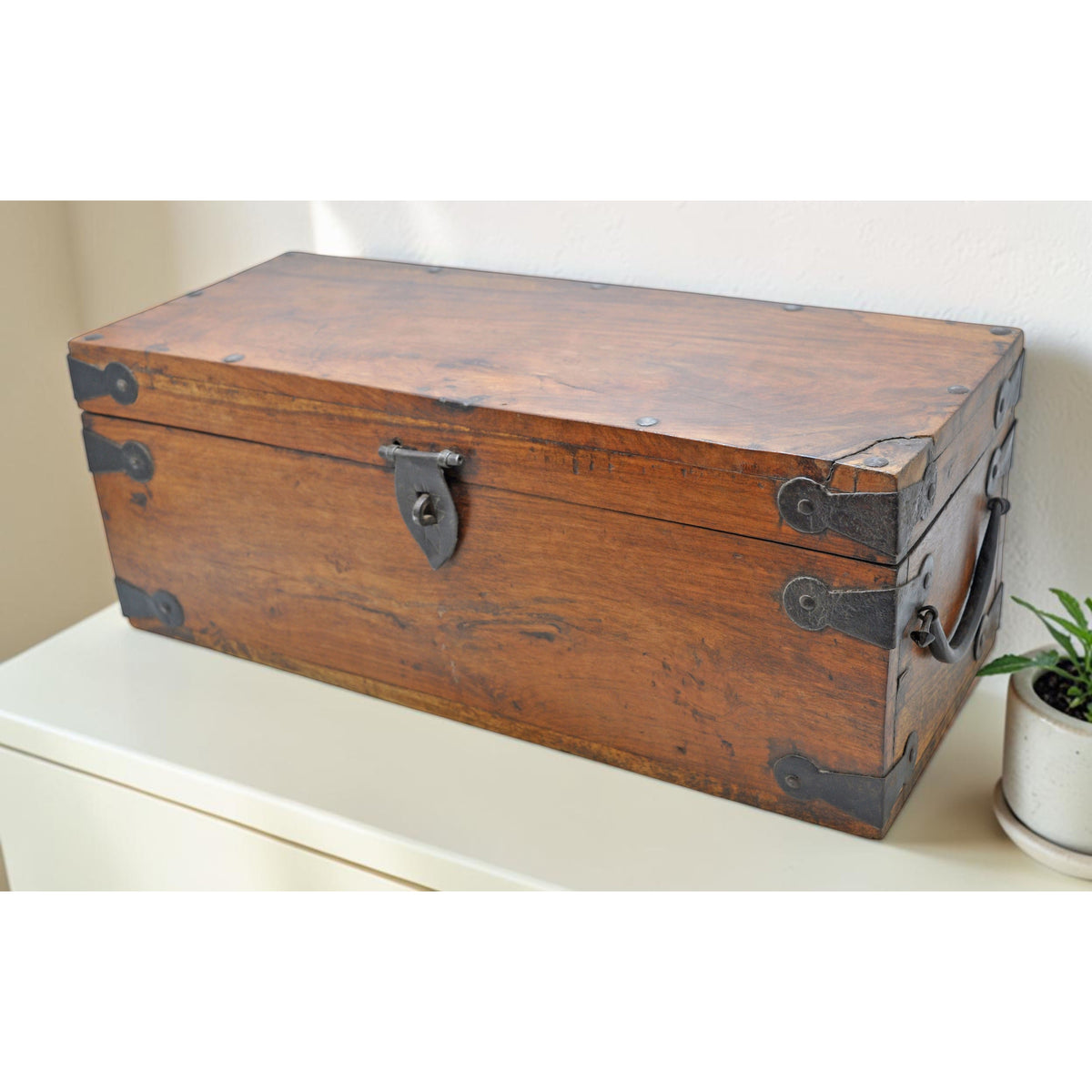 Vintage Wooden Long Storage Chest Box Original Old Hand Crafted Metal Fitted