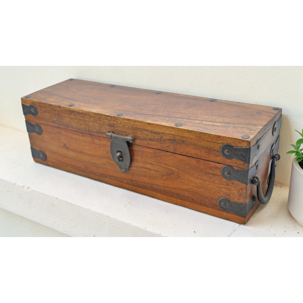 Vintage Wooden Long Storage Chest Box Original Old Hand Crafted Metal Fitted