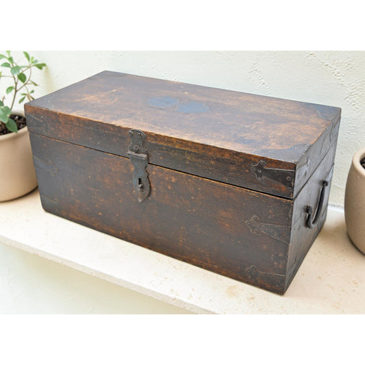 Vintage Wooden Long Storage Chest Box Original Old Hand Crafted Metal Fitted