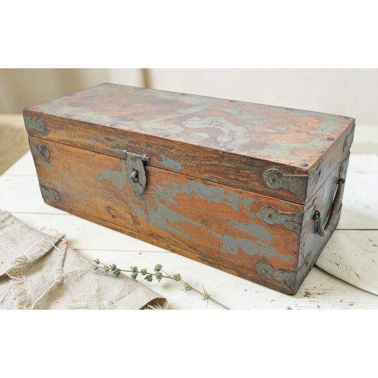 Vintage Wooden Long Storage Chest Box Original Old Hand Crafted Metal Fitted