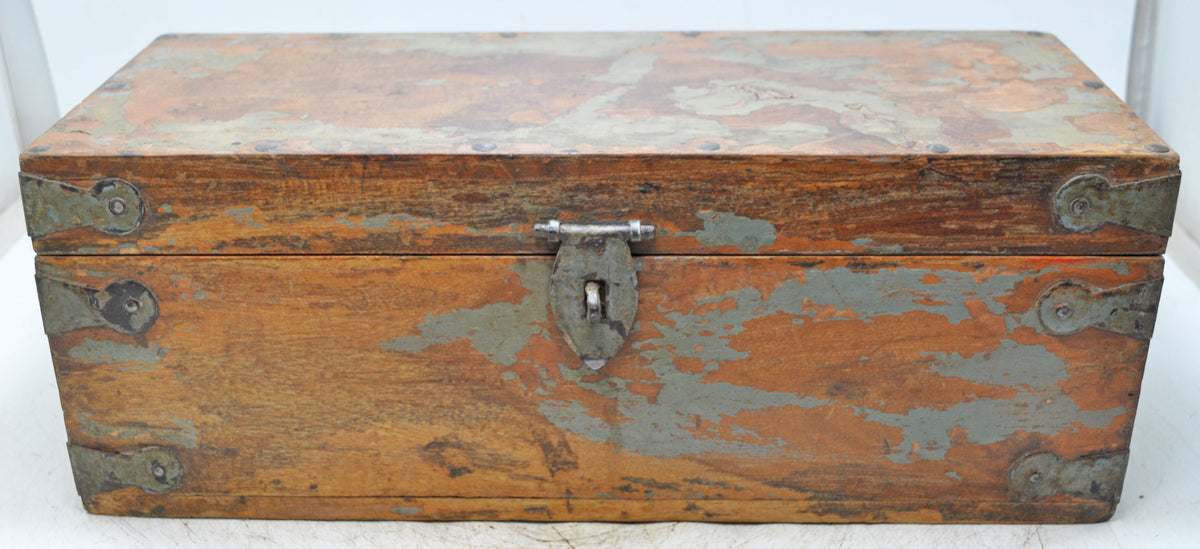 Vintage Wooden Long Storage Chest Box Original Old Hand Crafted Metal Fitted