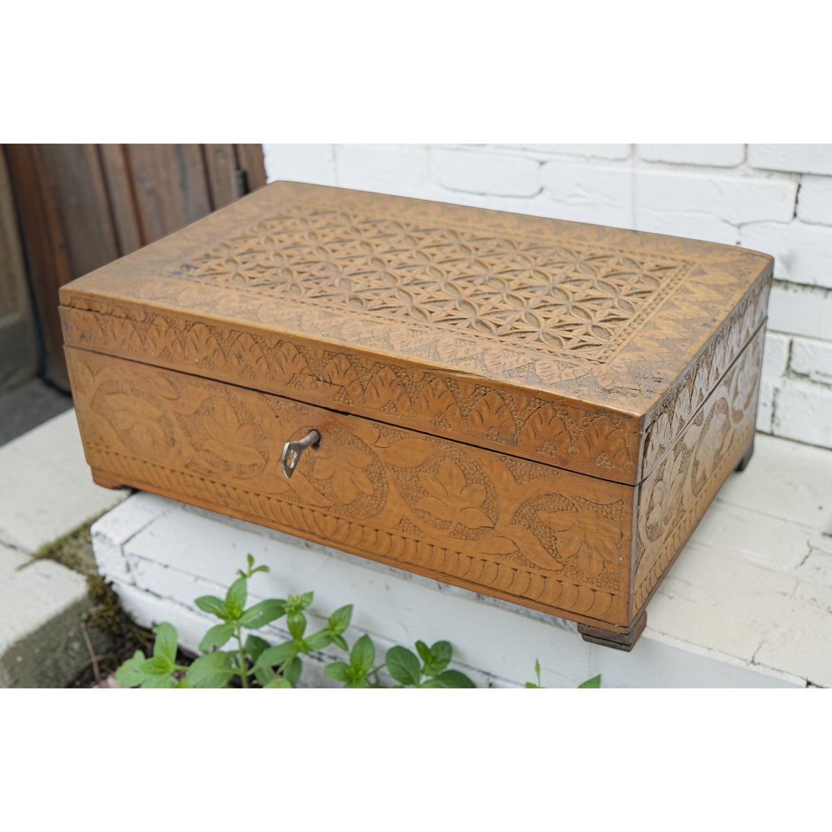 Antique Wooden Very Fine Storage Box Original Old Hand Carved Fine Interiors