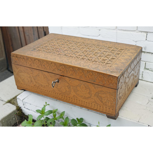 Antique Wooden Very Fine Storage Box Original Old Hand Carved Fine Interiors