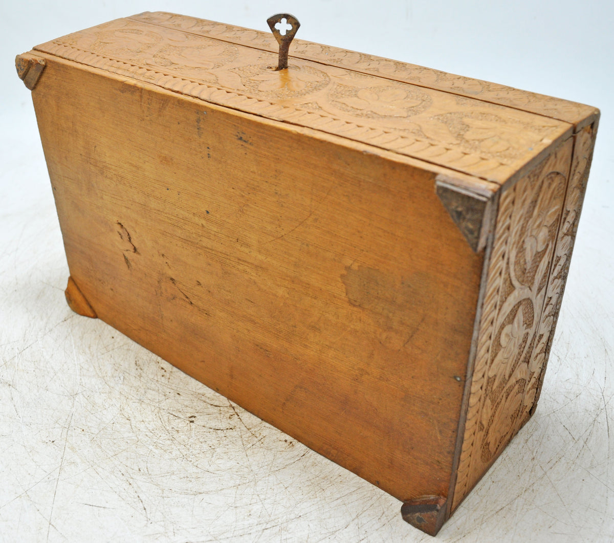 Antique Wooden Very Fine Storage Box Original Old Hand Carved Fine Interiors