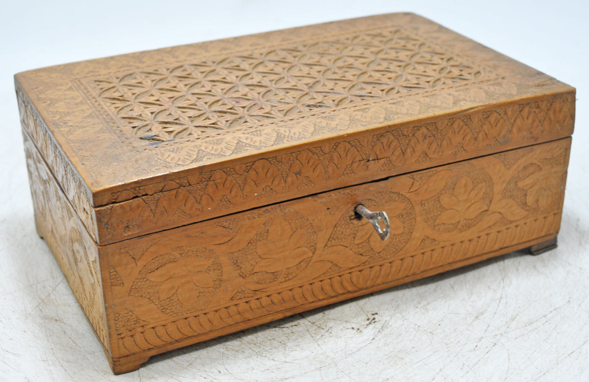 Antique Wooden Very Fine Storage Box Original Old Hand Carved Fine Interiors