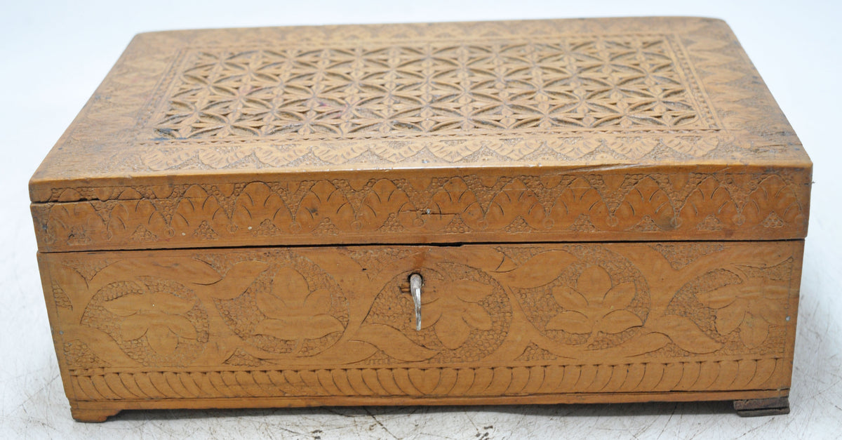 Antique Wooden Very Fine Storage Box Original Old Hand Carved Fine Interiors