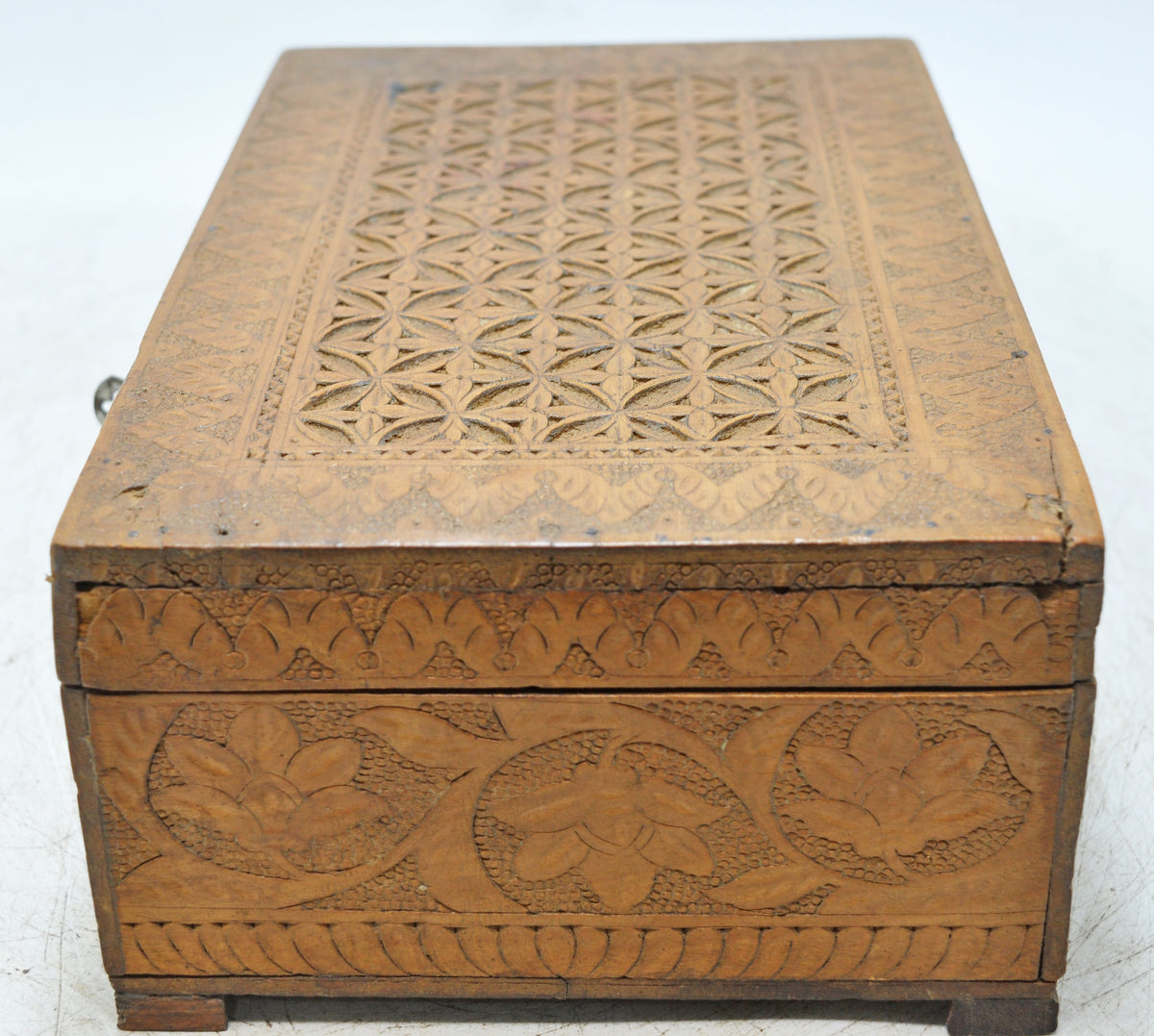 Antique Wooden Very Fine Storage Box Original Old Hand Carved Fine Interiors