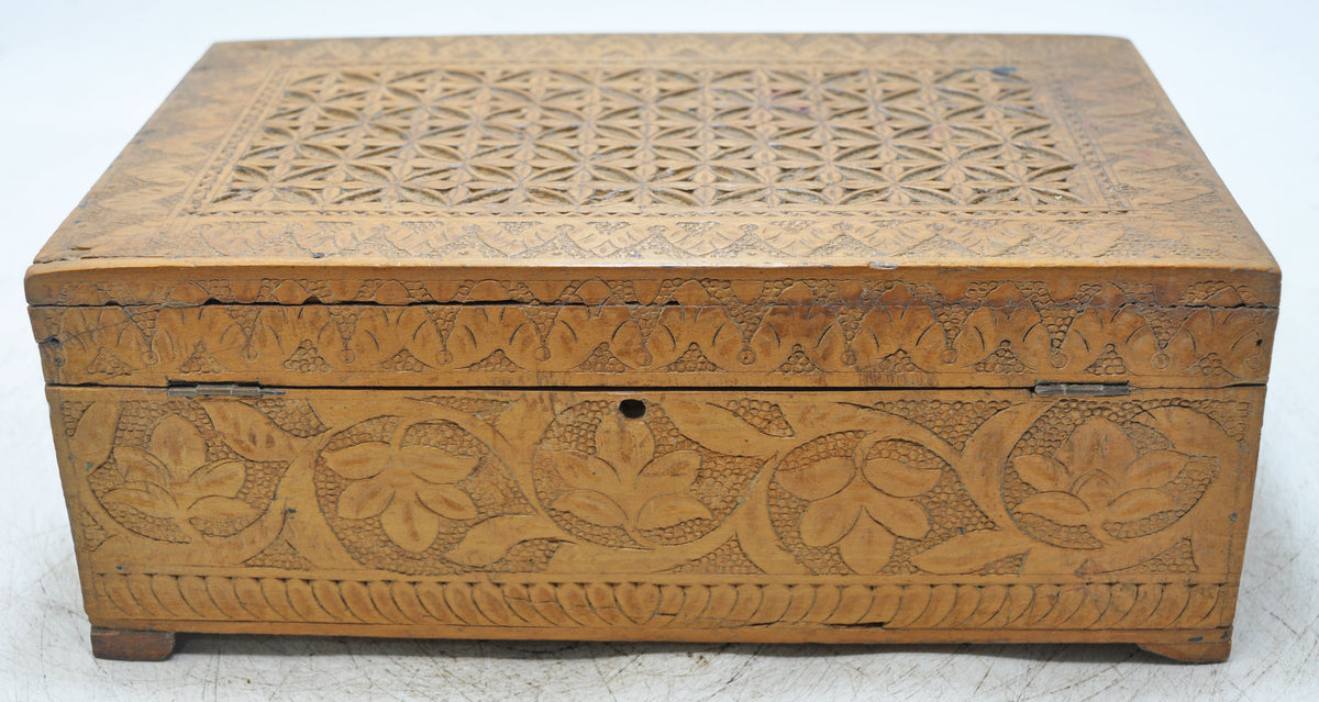 Antique Wooden Very Fine Storage Box Original Old Hand Carved Fine Interiors