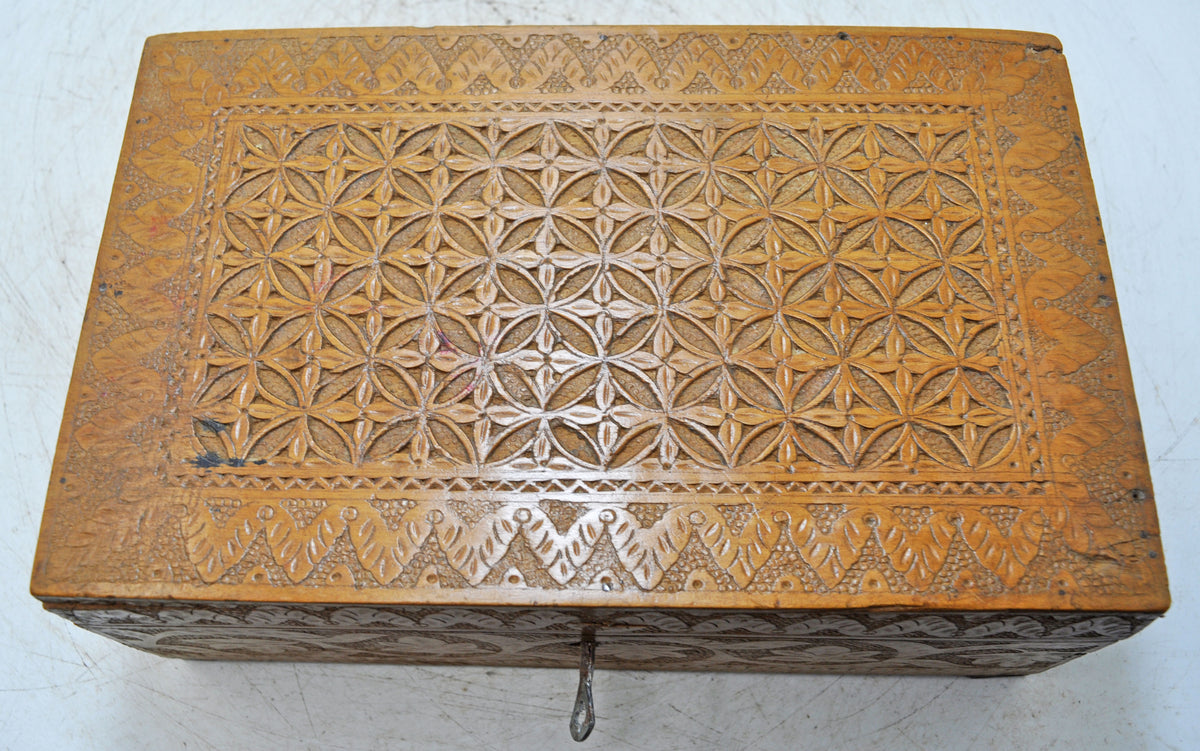 Antique Wooden Very Fine Storage Box Original Old Hand Carved Fine Interiors