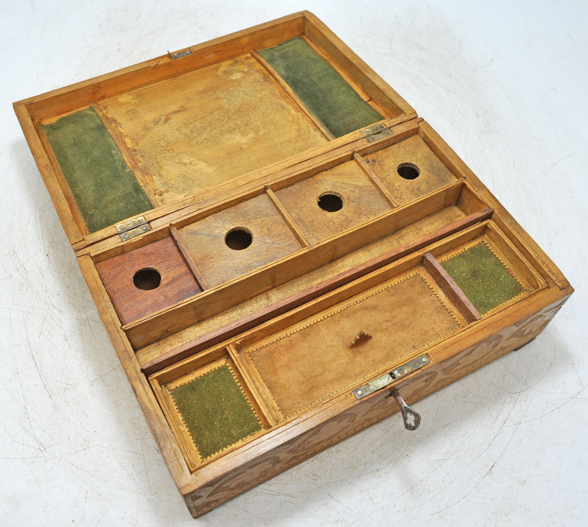 Antique Wooden Very Fine Storage Box Original Old Hand Carved Fine Interiors