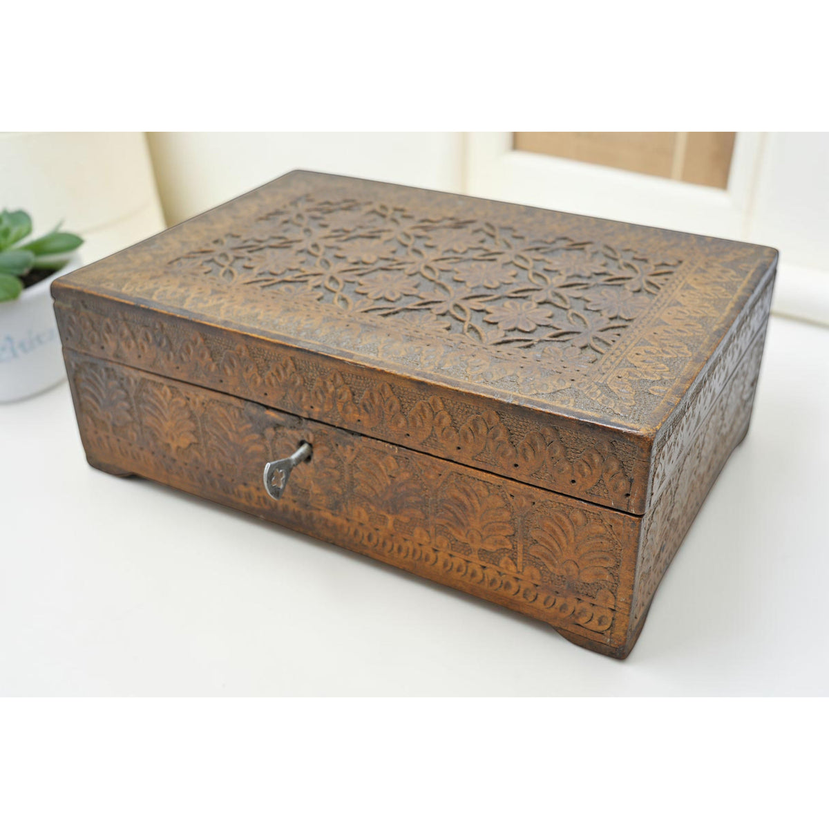 Antique Wooden Very Fine Storage Box Original Old Hand Carved Fine Interiors