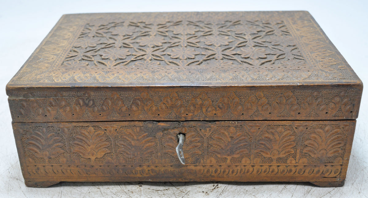 Antique Wooden Very Fine Storage Box Original Old Hand Carved Fine Interiors