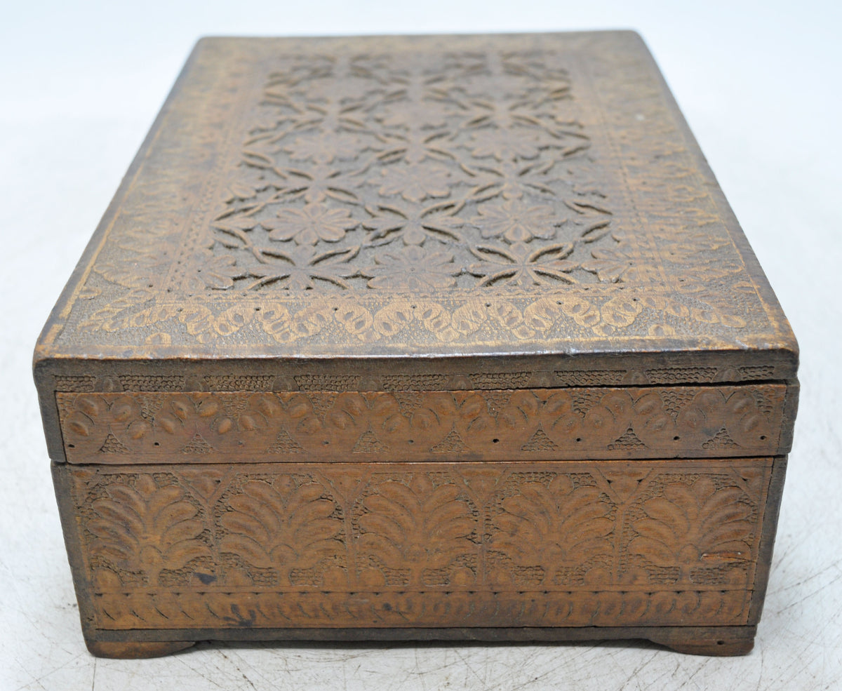 Antique Wooden Very Fine Storage Box Original Old Hand Carved Fine Interiors