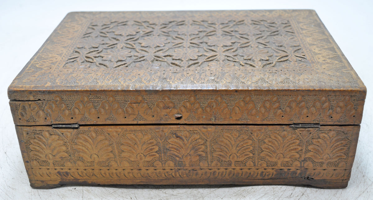 Antique Wooden Very Fine Storage Box Original Old Hand Carved Fine Interiors