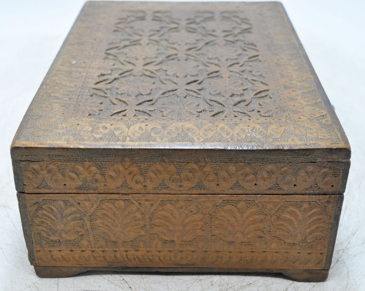 Antique Wooden Very Fine Storage Box Original Old Hand Carved Fine Interiors
