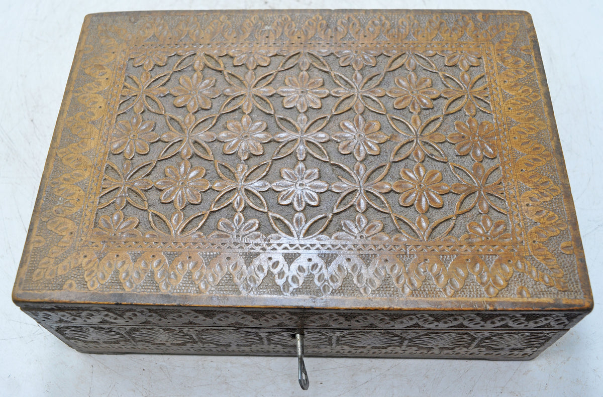 Antique Wooden Very Fine Storage Box Original Old Hand Carved Fine Interiors
