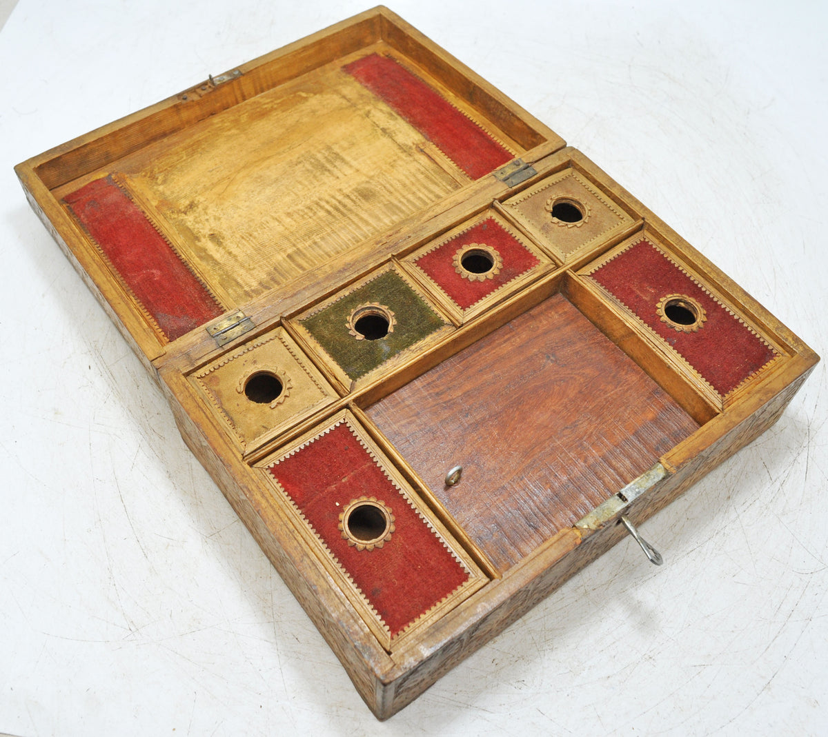 Antique Wooden Very Fine Storage Box Original Old Hand Carved Fine Interiors