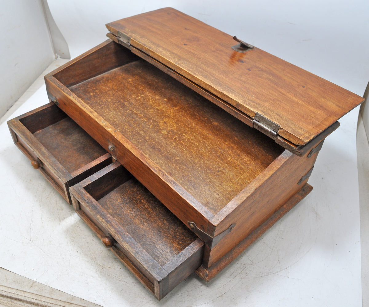 Vintage Wooden Pen Stationary Box Original Old Hand Crafted Metal Fitted