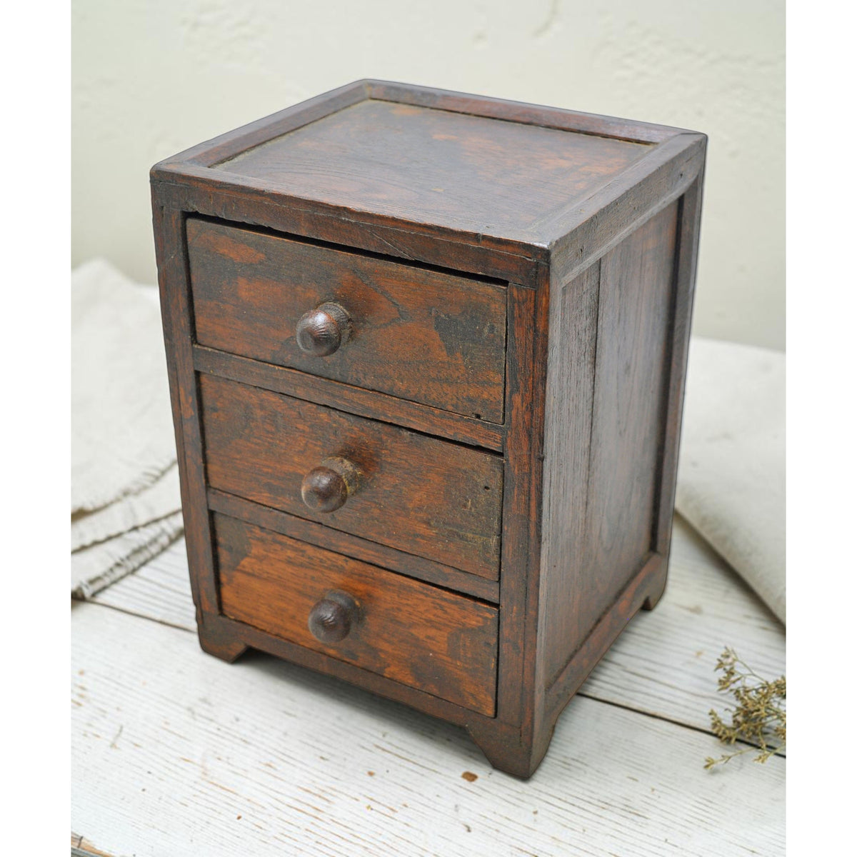 Vintage Wooden Small 3 Drawers Storage Box Original Old Hand Crafted