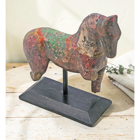 Antique Wooden Horse Figurine on Stand Original Old Hand Carved Painted