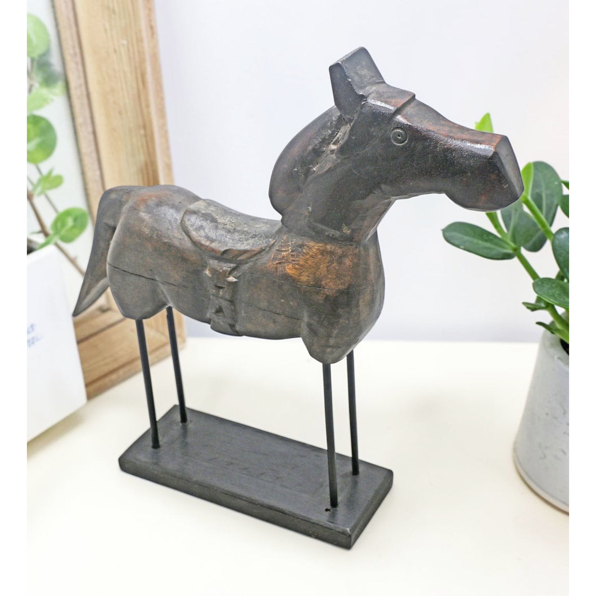 Vintage Wooden Horse Figurine on Stand Original Old Fine Hand Carved
