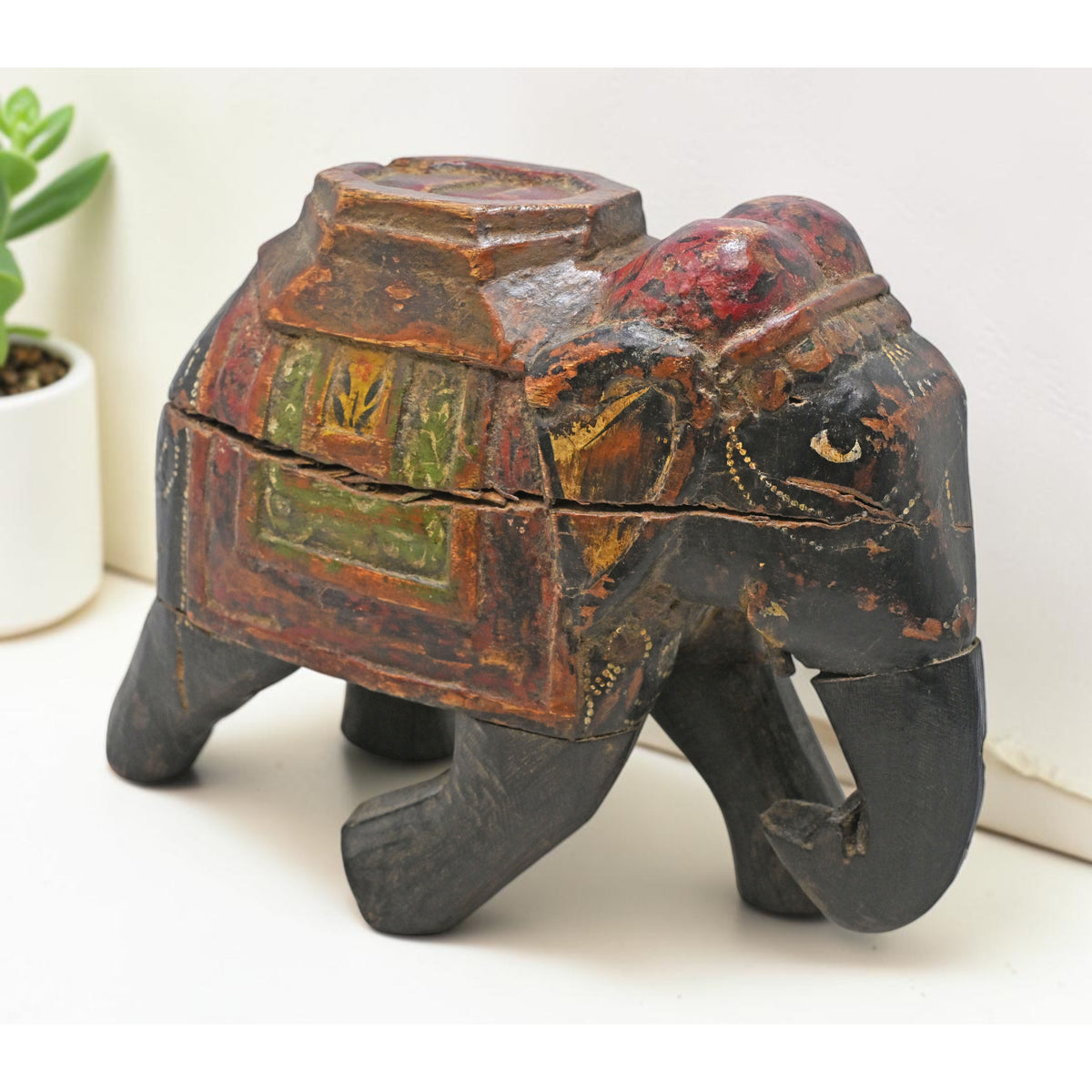 Vintage Wooden Elephant Figurine Original Old Hand Carved Fine Painted