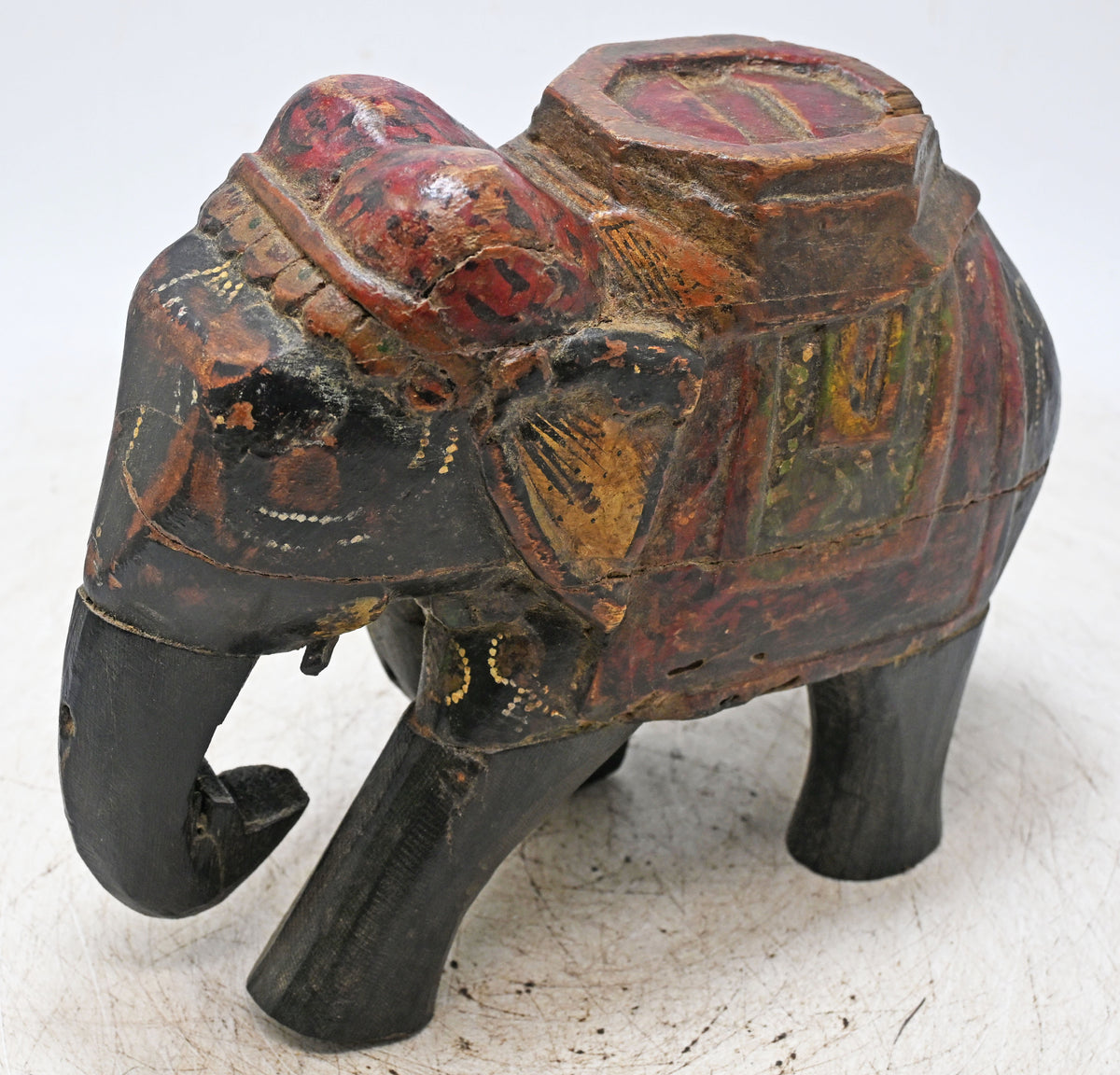 Vintage Wooden Elephant Figurine Original Old Hand Carved Fine Painted