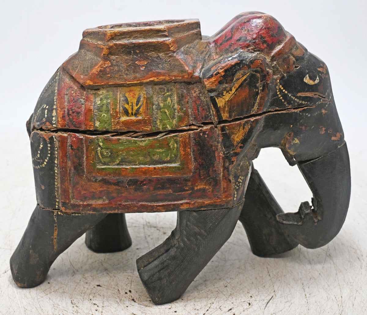 Vintage Wooden Elephant Figurine Original Old Hand Carved Fine Painted