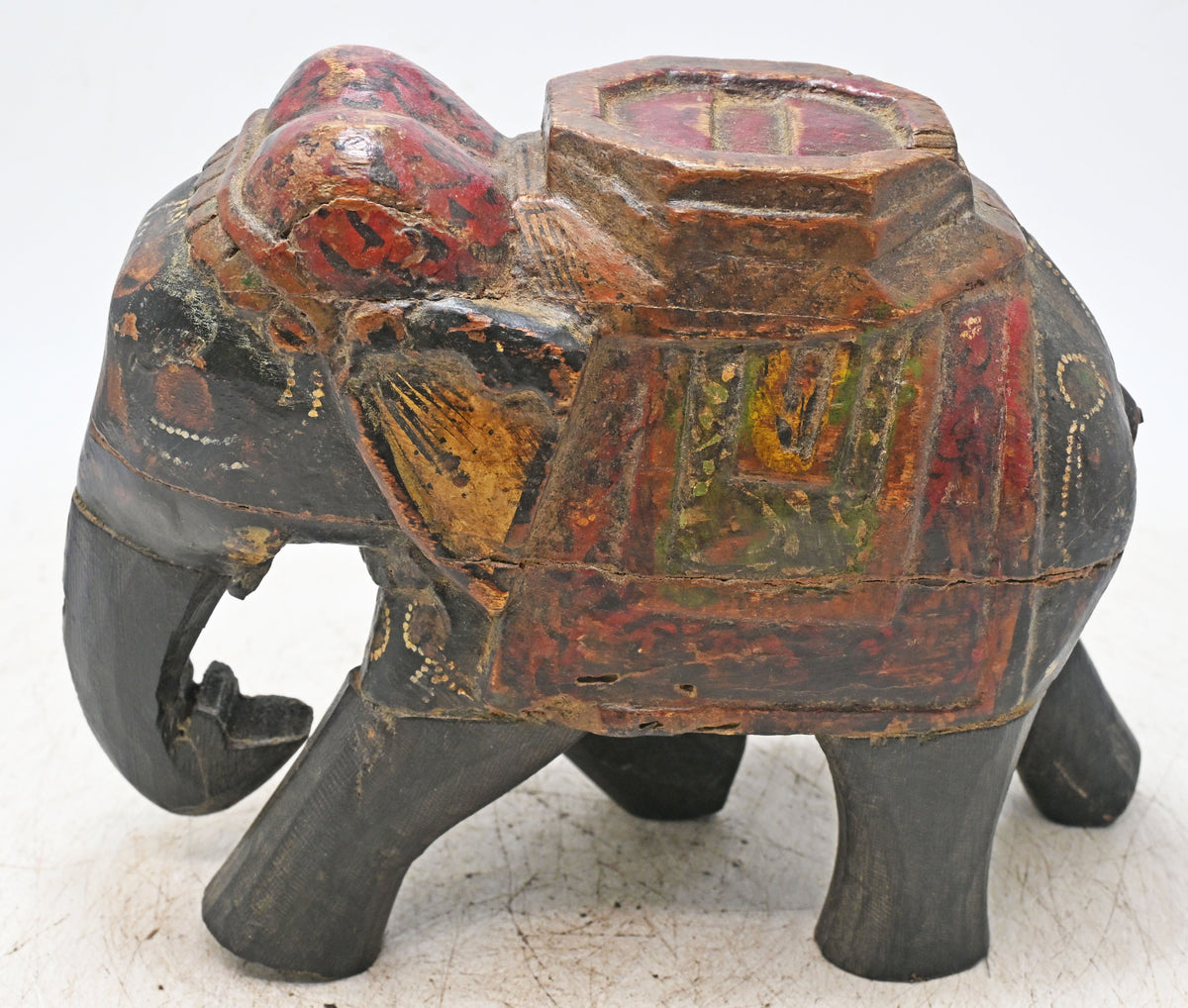 Vintage Wooden Elephant Figurine Original Old Hand Carved Fine Painted