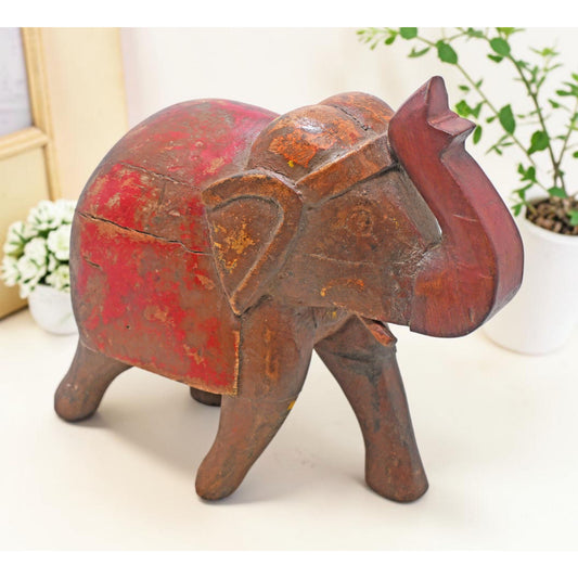 Vintage Wooden Elephant Figurine Original Old Hand Carved Fine Painted