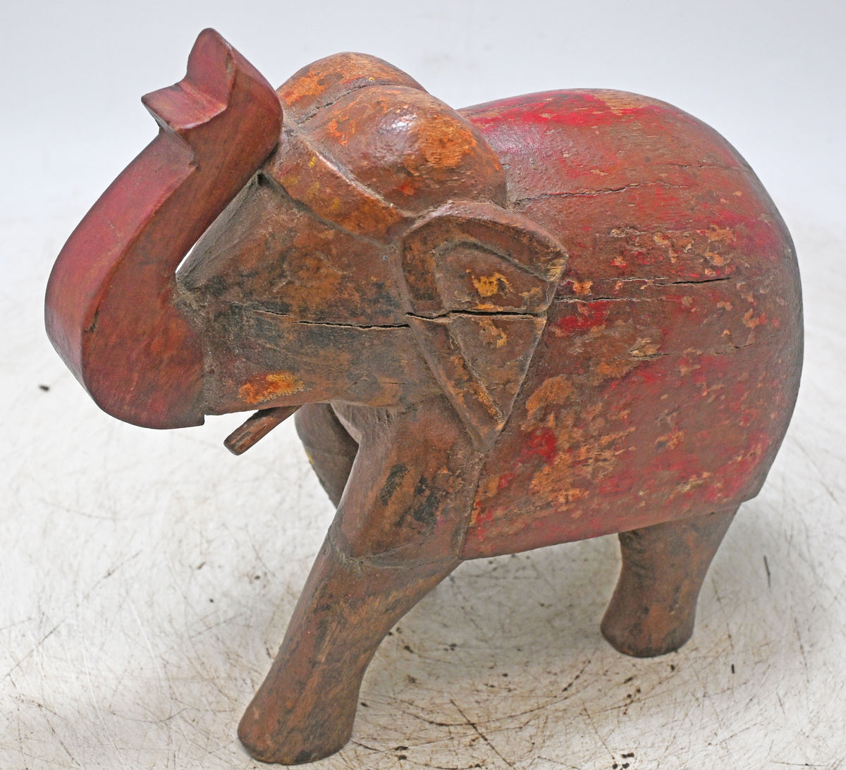 Vintage Wooden Elephant Figurine Original Old Hand Carved Fine Painted