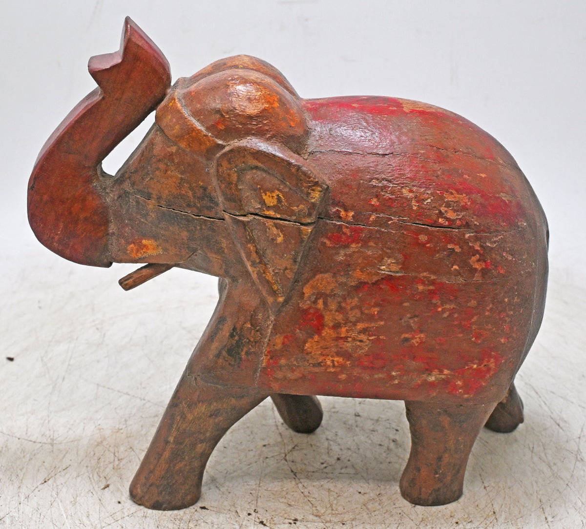 Vintage Wooden Elephant Figurine Original Old Hand Carved Fine Painted