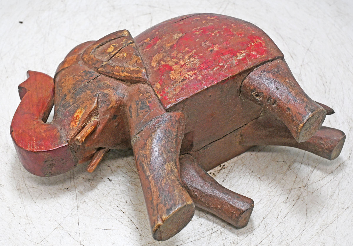 Vintage Wooden Elephant Figurine Original Old Hand Carved Fine Painted