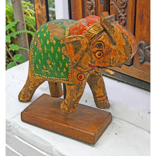 Vintage Wooden Elephant Figurine Original Old Hand Carved Fine Painted