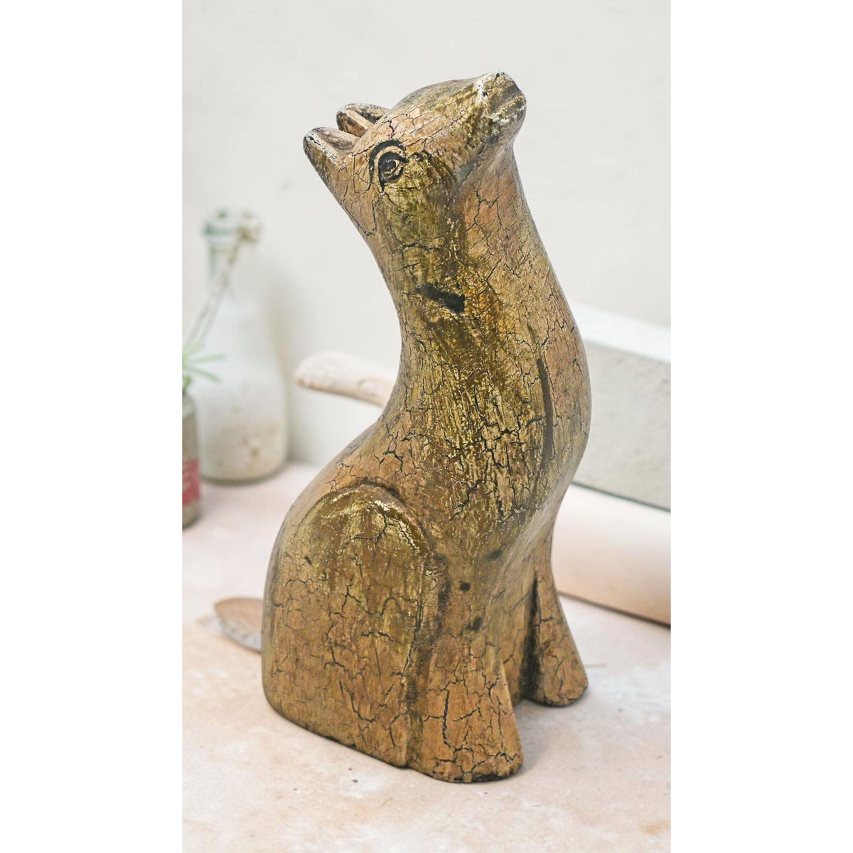 Vintage Wooden Dog Figurine Original Old Hand Carved Painted
