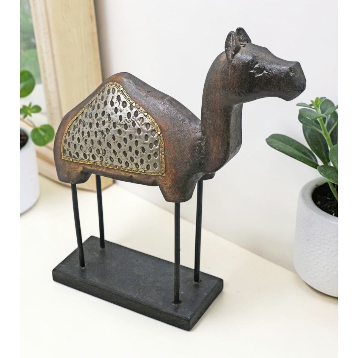 Vintage Wooden Camel Figurine on Stand Original Old Hand Carved Metal Fitted