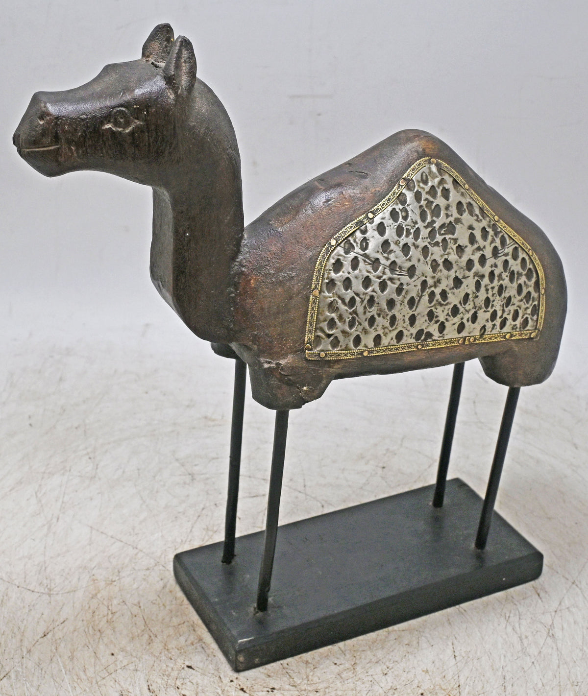 Vintage Wooden Camel Figurine on Stand Original Old Hand Carved Metal Fitted