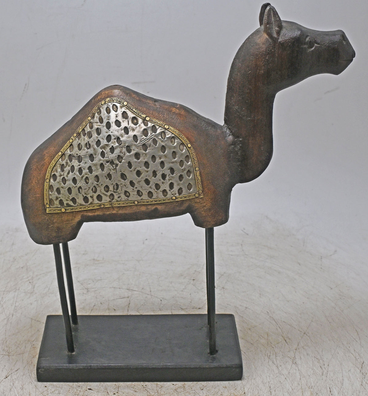 Vintage Wooden Camel Figurine on Stand Original Old Hand Carved Metal Fitted