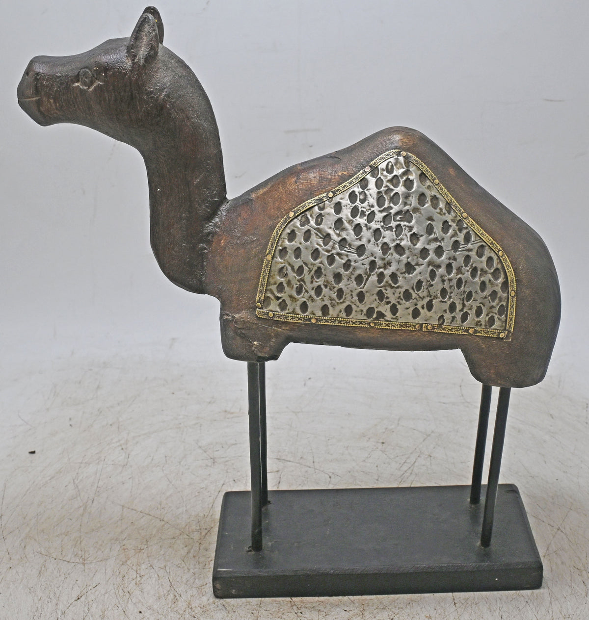 Vintage Wooden Camel Figurine on Stand Original Old Hand Carved Metal Fitted