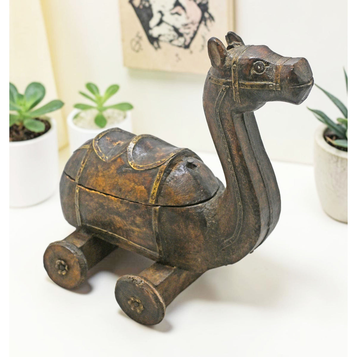 Vintage Wooden Camel on Wheels Figurine Spice Box Original Old Hand Carved