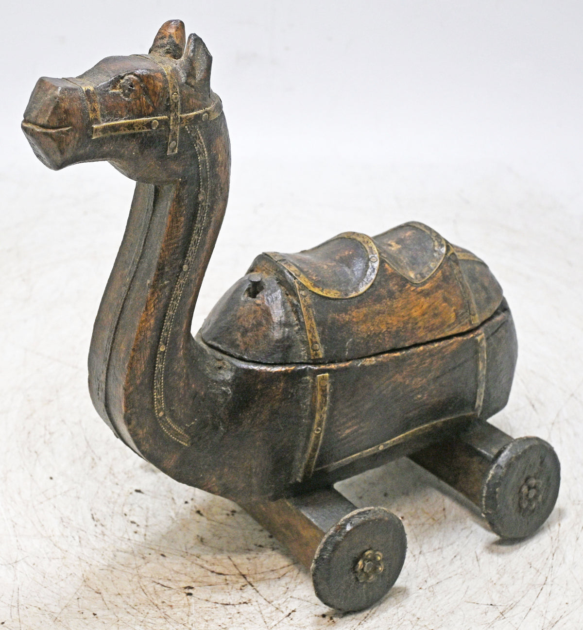 Vintage Wooden Camel on Wheels Figurine Spice Box Original Old Hand Carved