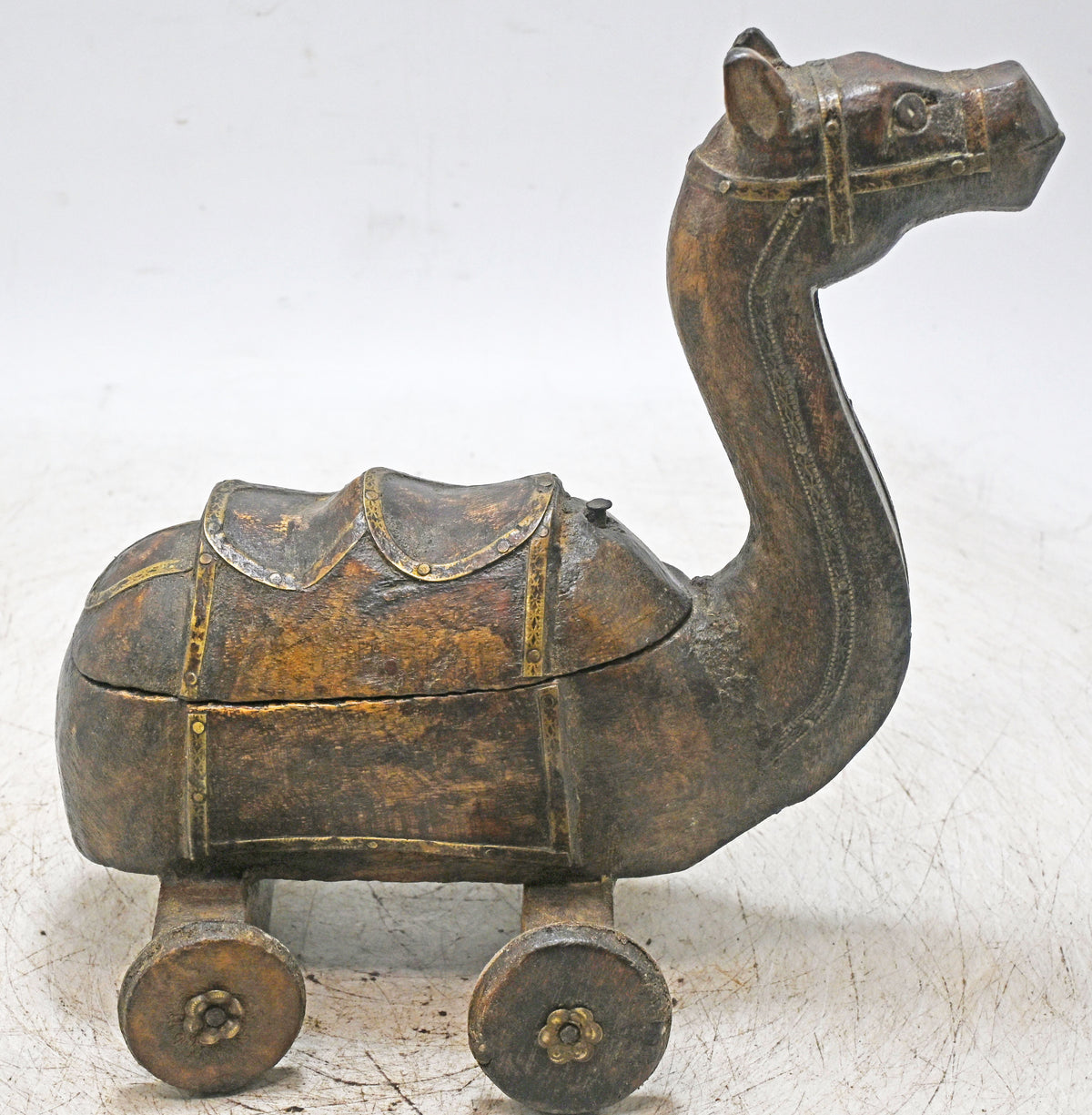 Vintage Wooden Camel on Wheels Figurine Spice Box Original Old Hand Carved