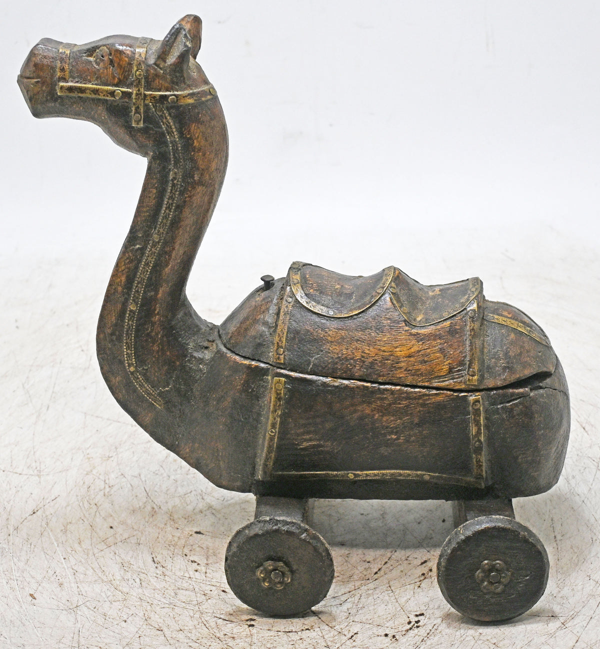 Vintage Wooden Camel on Wheels Figurine Spice Box Original Old Hand Carved
