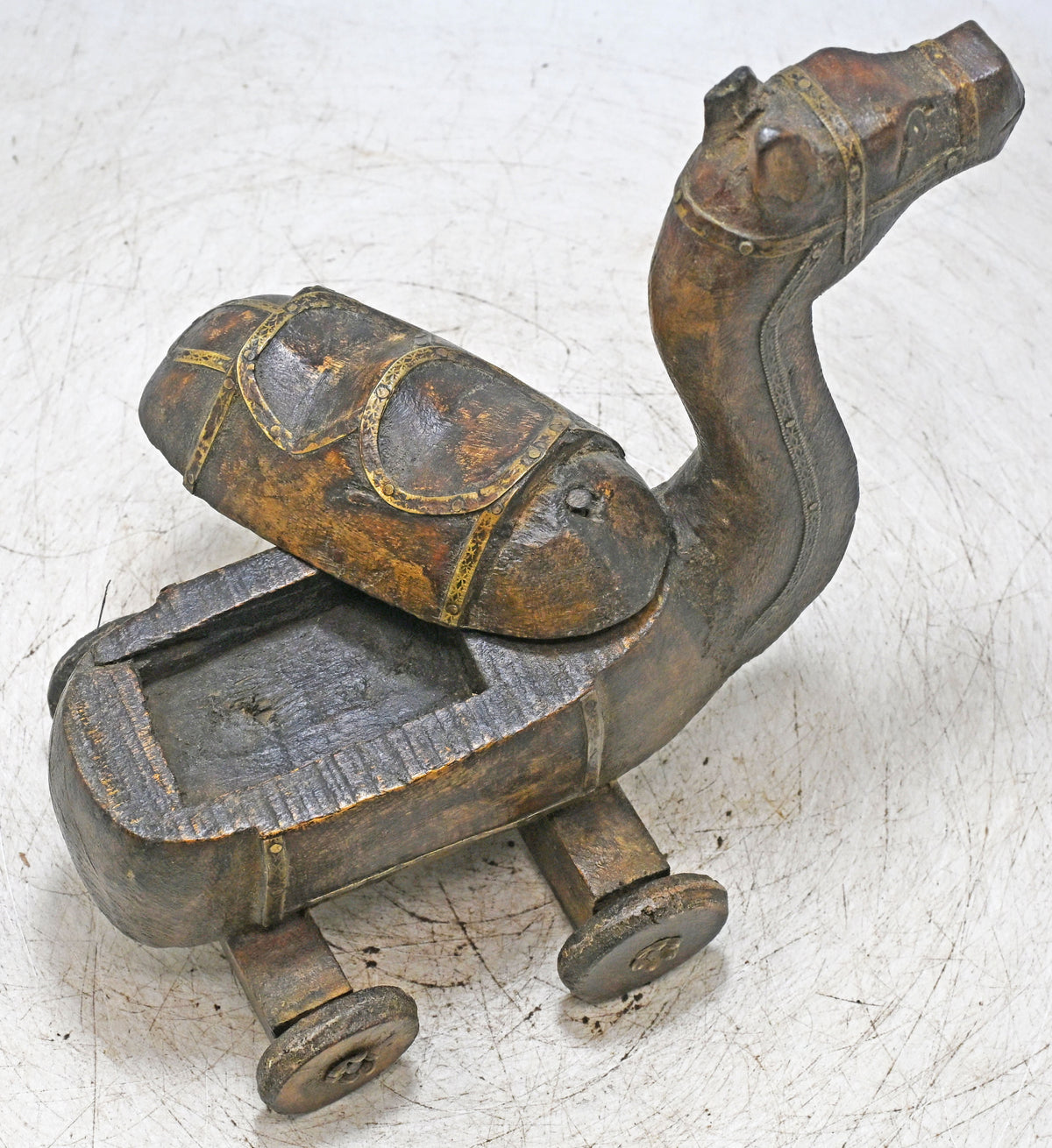 Vintage Wooden Camel on Wheels Figurine Spice Box Original Old Hand Carved
