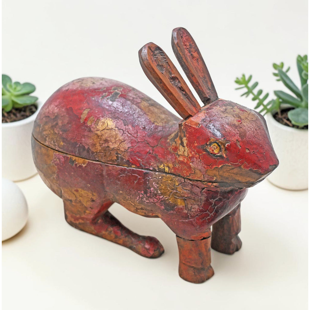 Vintage Wooden Rabbit Figurine Spice Box Original Old Hand Carved Painted