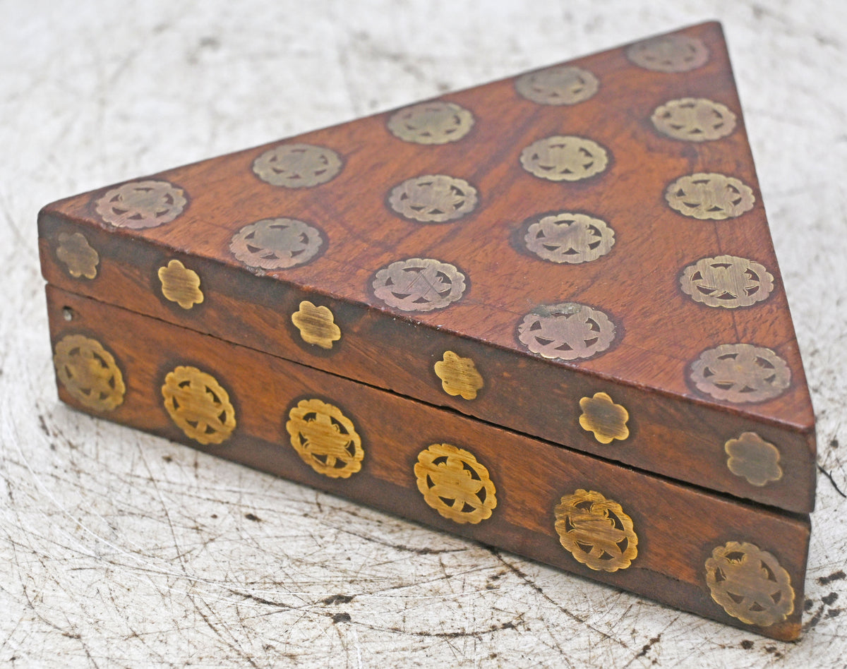Vintage Wooden Triangle Small Box Original Old Hand Crafted Brass Fitted