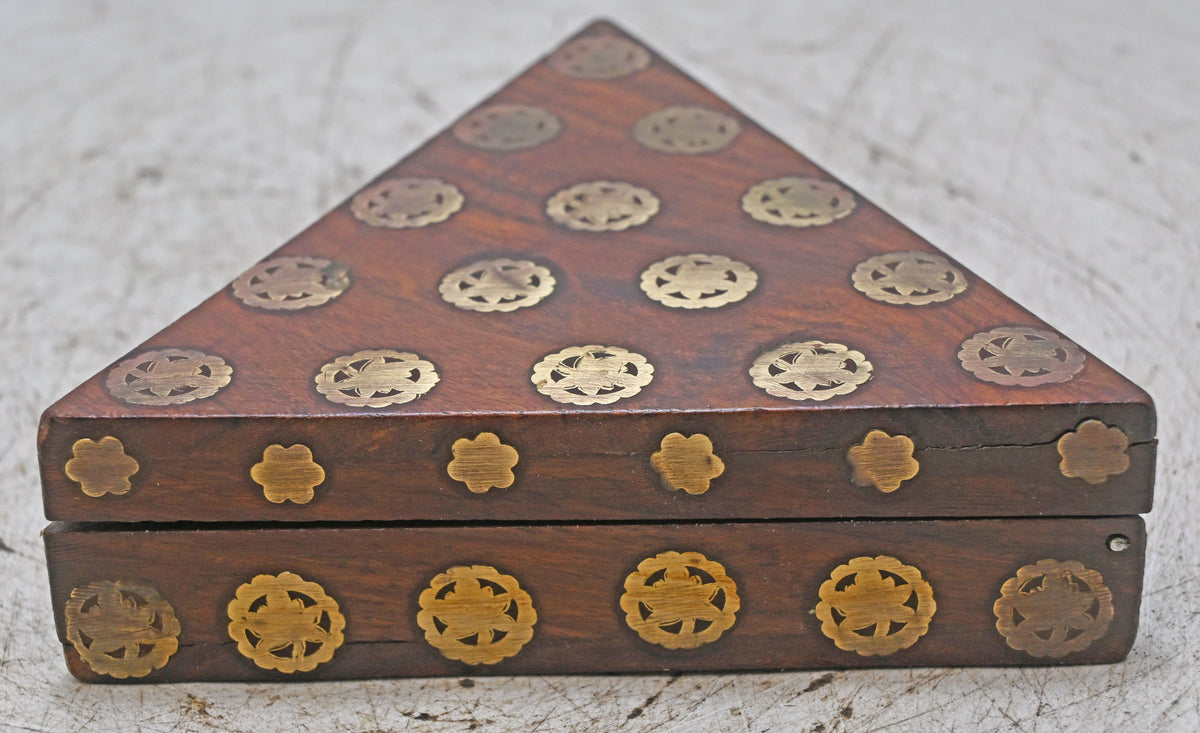 Vintage Wooden Triangle Small Box Original Old Hand Crafted Brass Fitted
