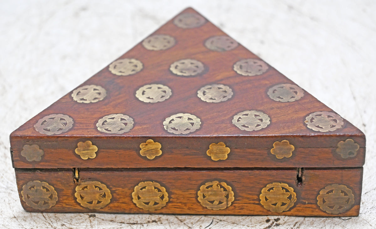 Vintage Wooden Triangle Small Box Original Old Hand Crafted Brass Fitted