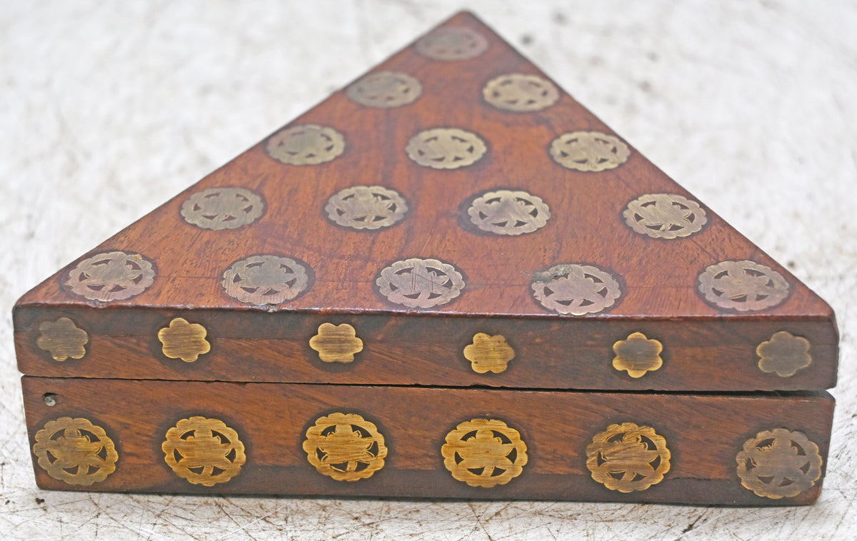 Vintage Wooden Triangle Small Box Original Old Hand Crafted Brass Fitted