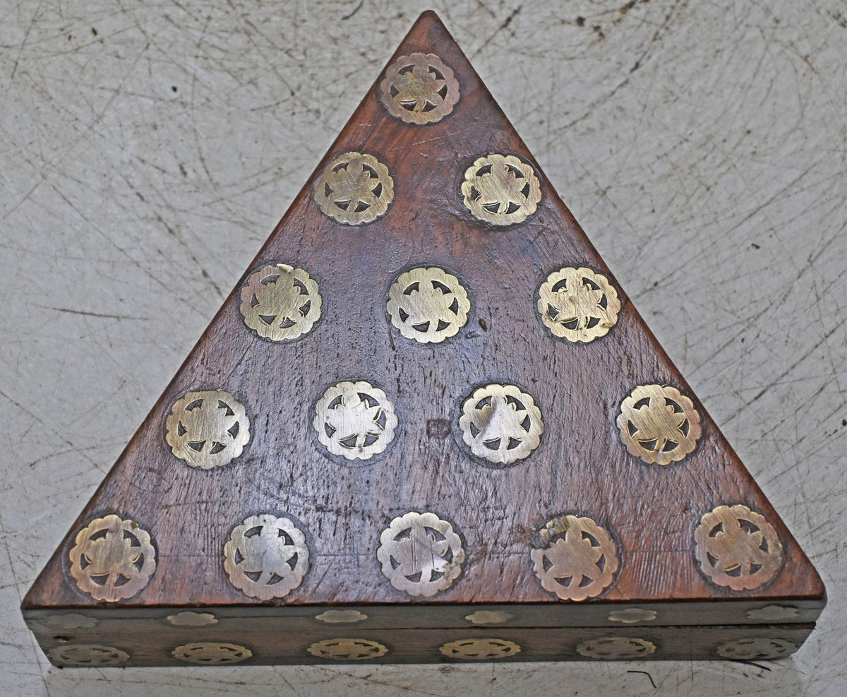 Vintage Wooden Triangle Small Box Original Old Hand Crafted Brass Fitted